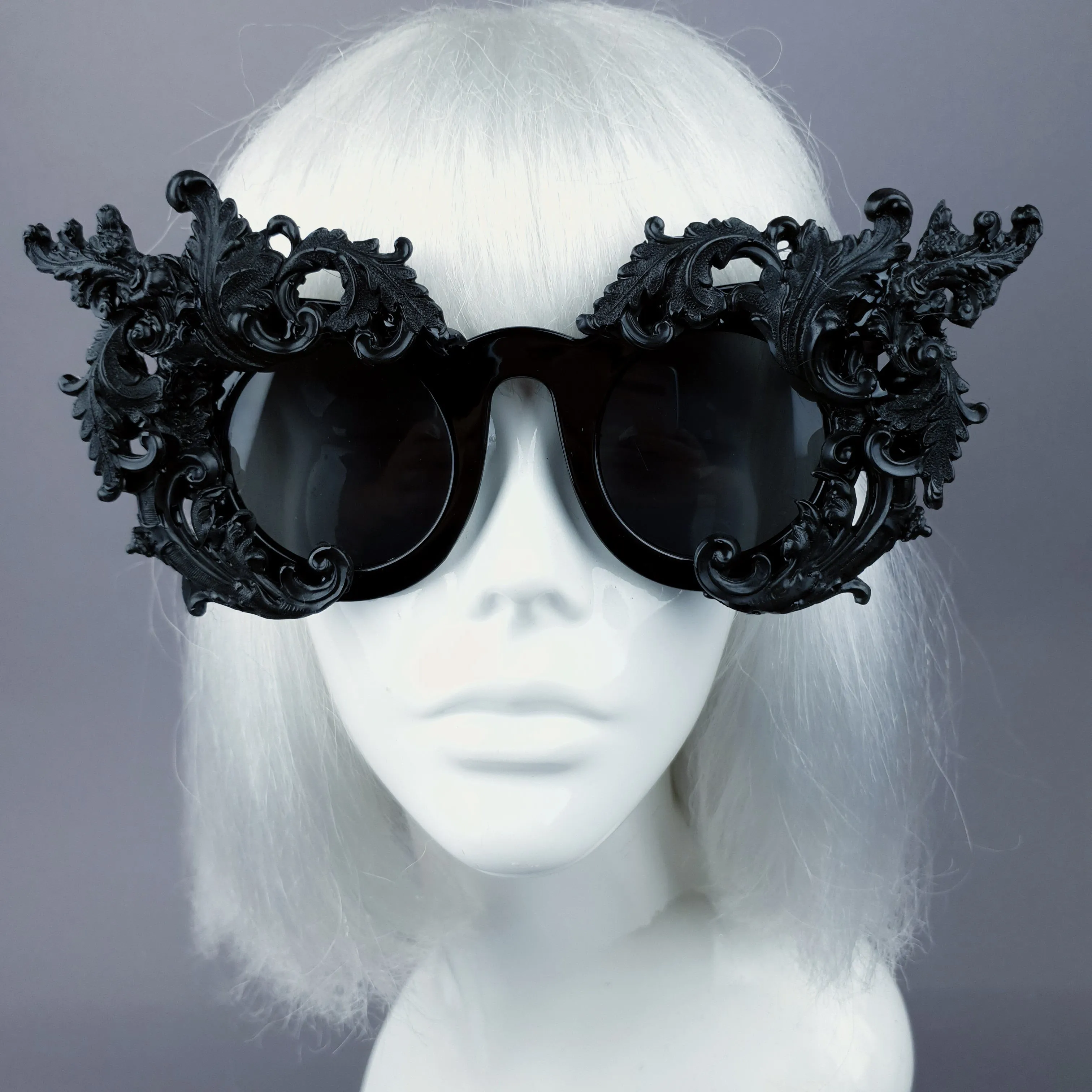 "La Barucci" Ornate Black Filigree on Black Sunglasses