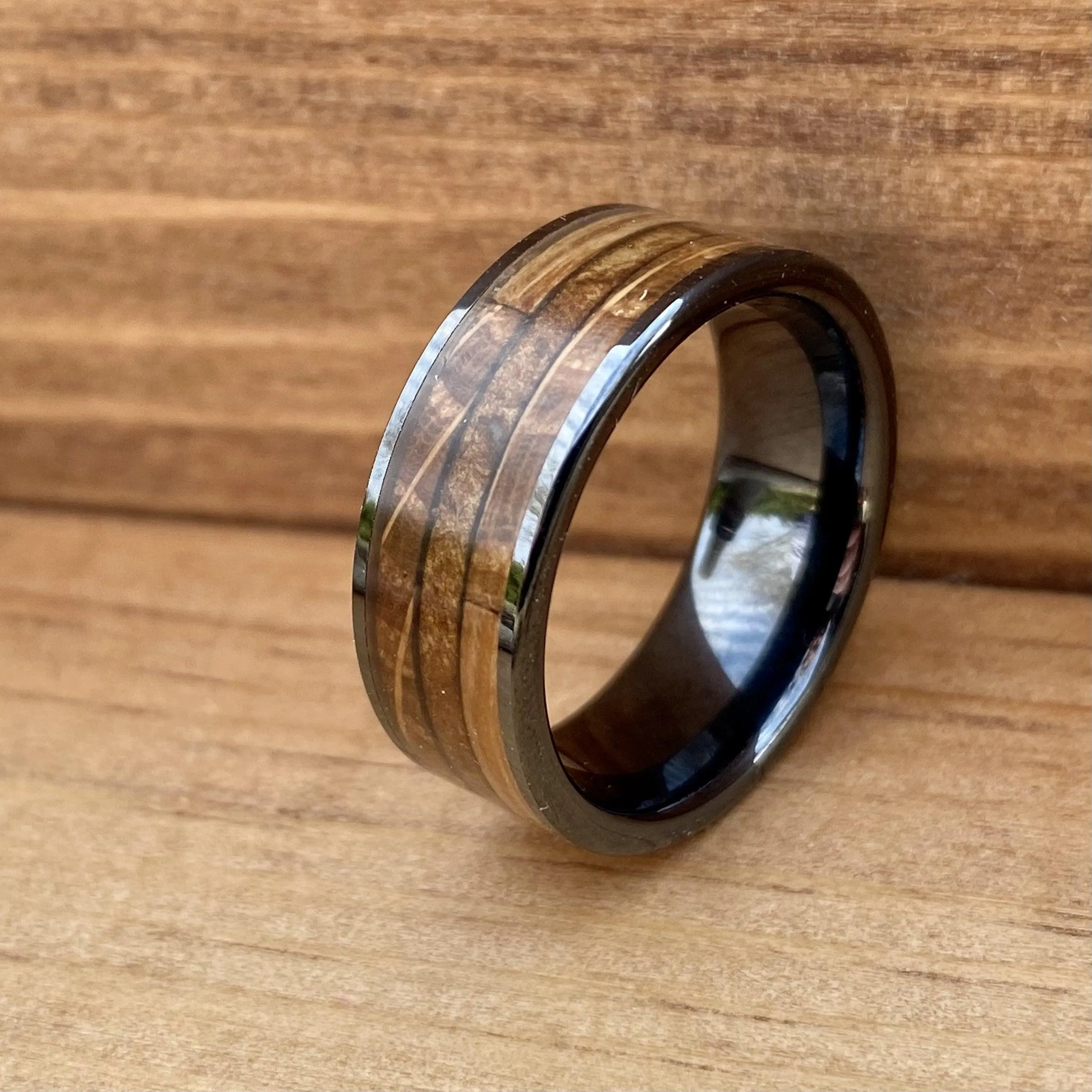 "The Gentleman" Black Ceramic Ring With Reclaimed Bourbon Barrel Wood and Cigar Leaf