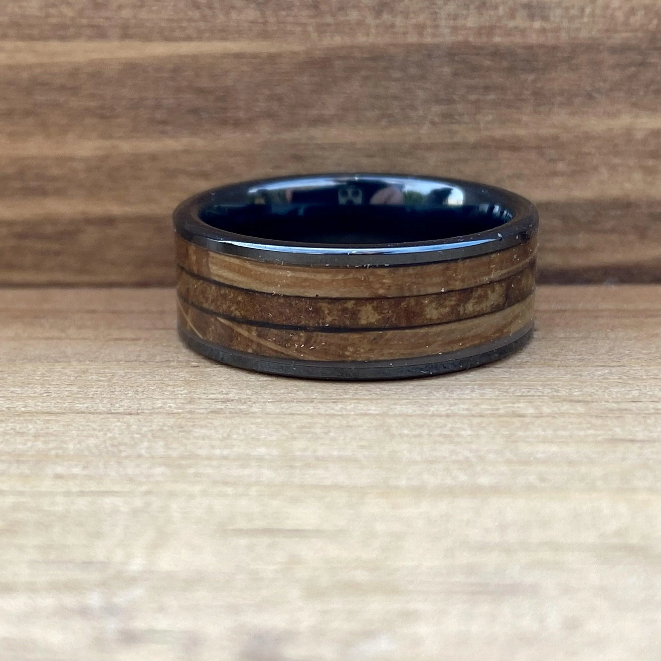 "The Gentleman" Black Ceramic Ring With Reclaimed Bourbon Barrel Wood and Cigar Leaf