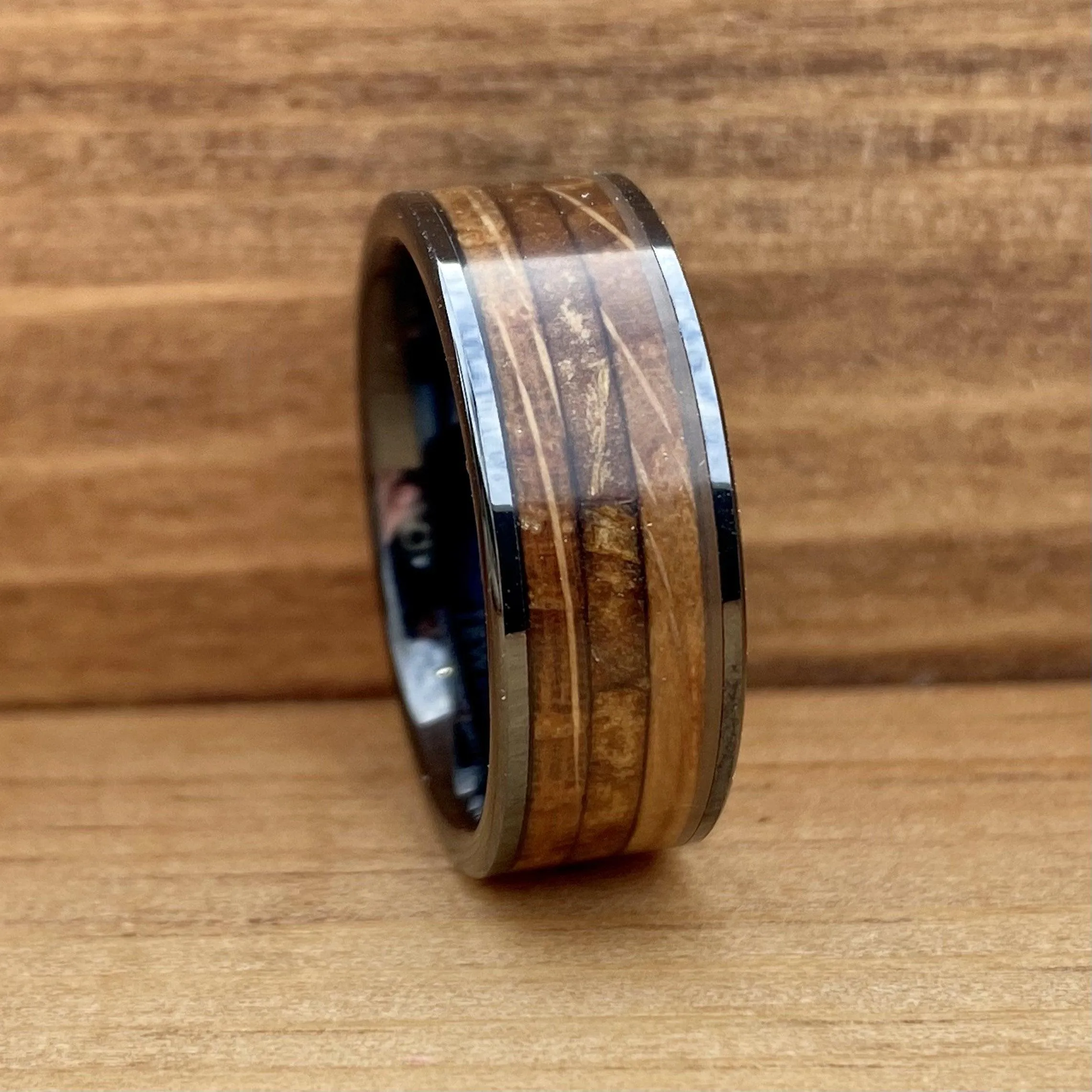 "The Gentleman" Black Ceramic Ring With Reclaimed Bourbon Barrel Wood and Cigar Leaf
