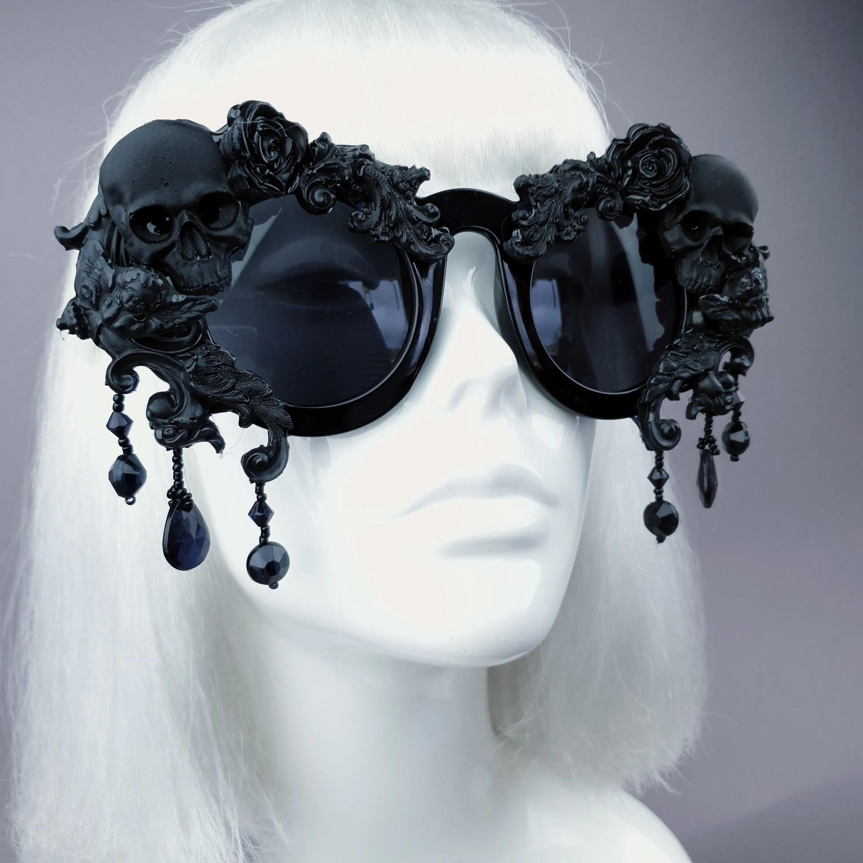 "Wednesday" Black Skull Filigree Beading Ornate Sunglasses