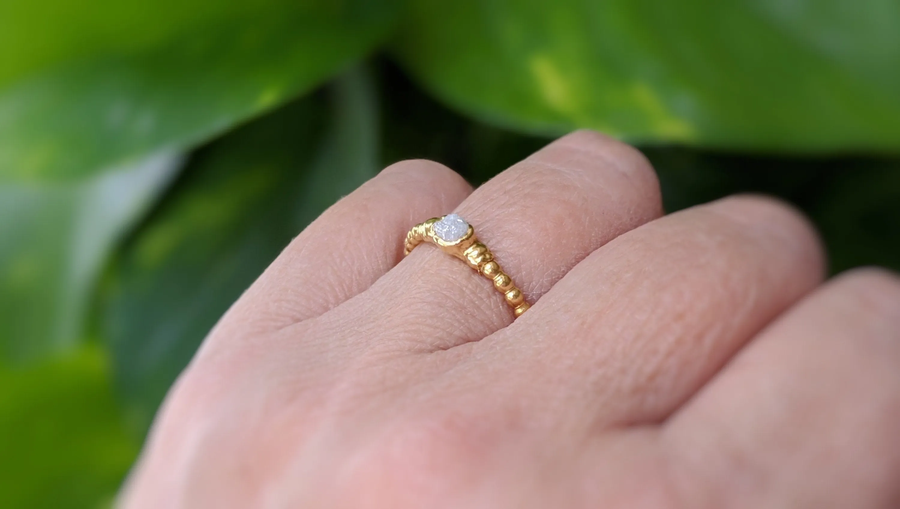 Raw diamond beaded engagement ring