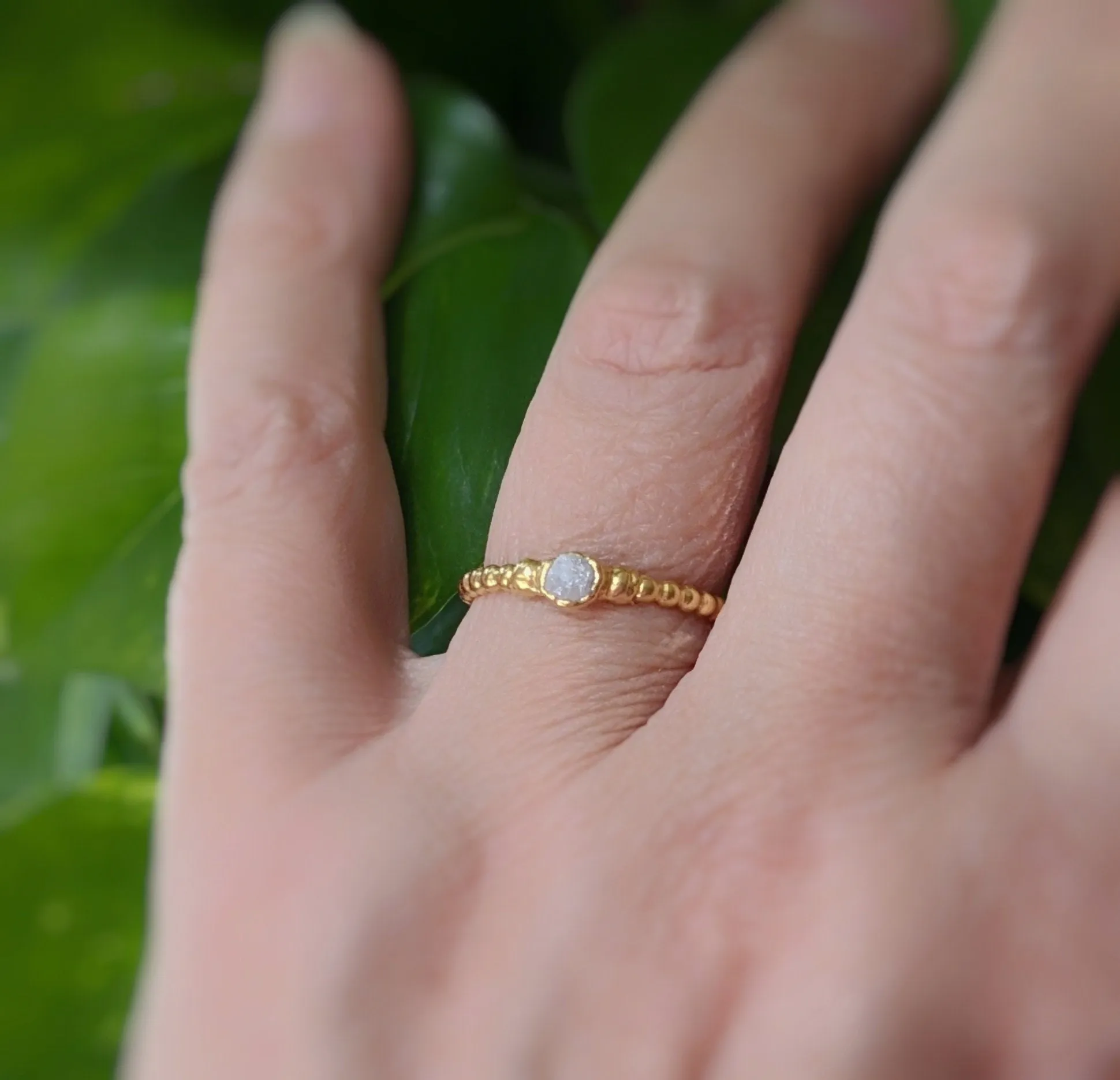 Raw diamond beaded engagement ring