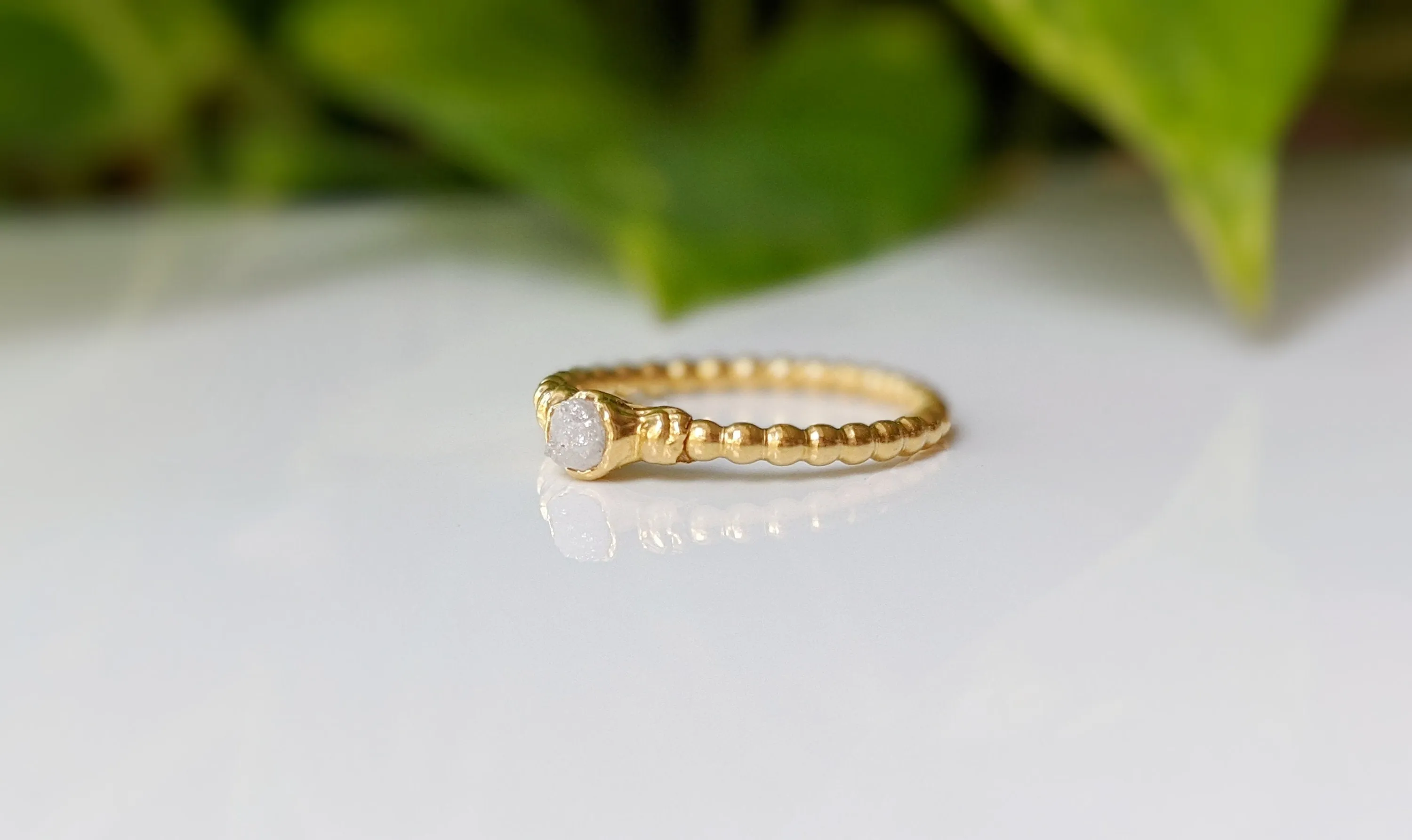 Raw diamond beaded engagement ring
