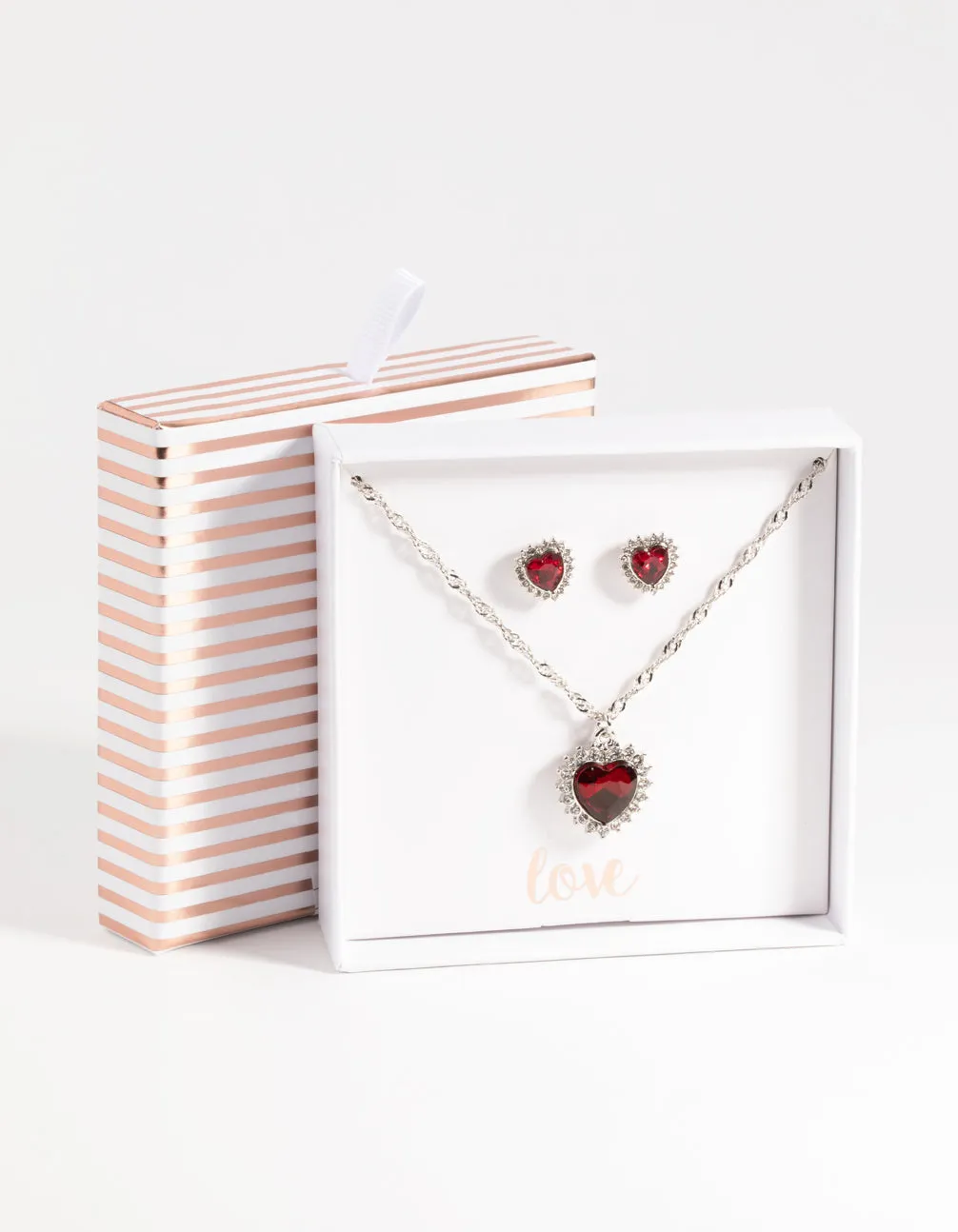Rhodium Ruby Heart Necklace & Earring Set