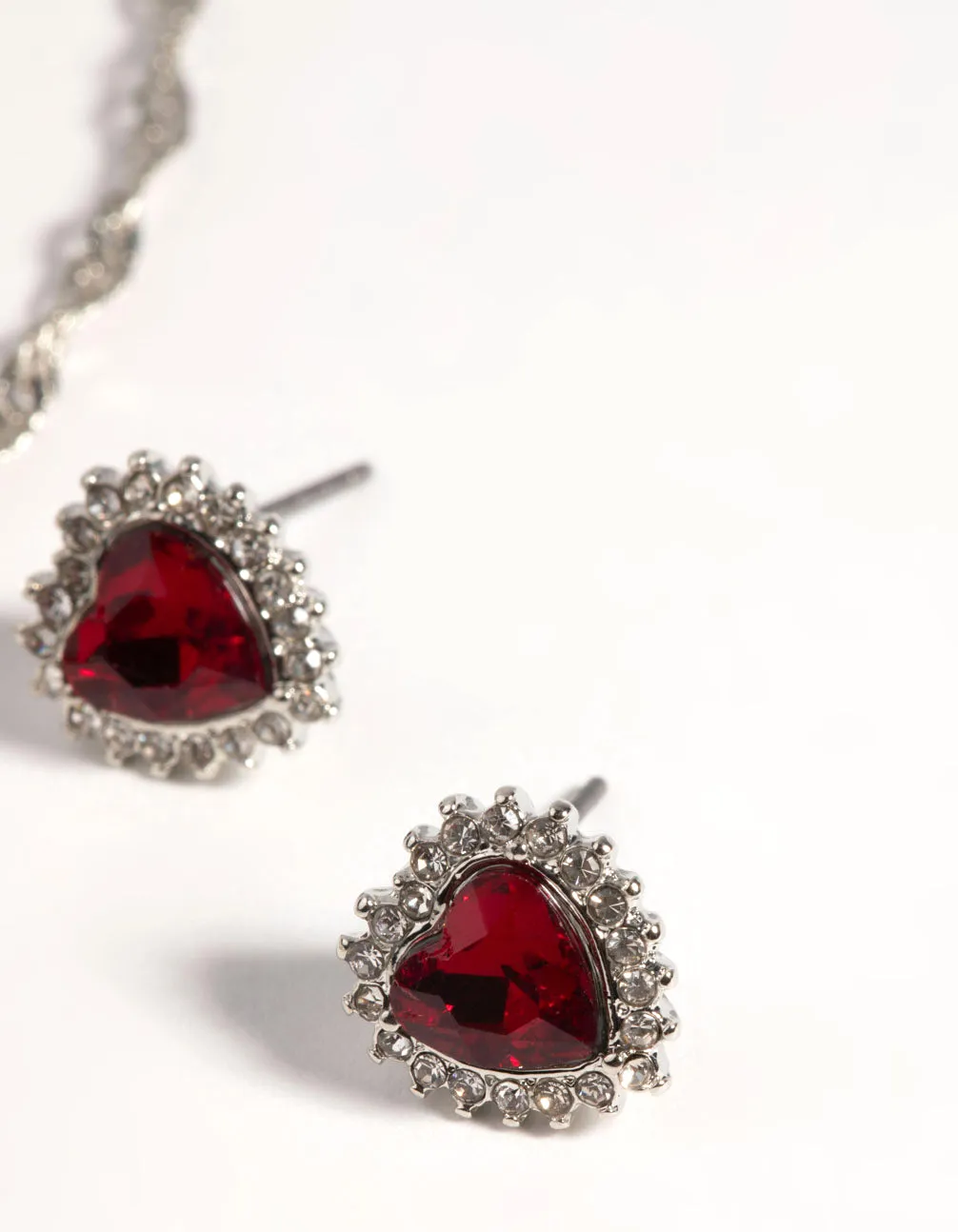 Rhodium Ruby Heart Necklace & Earring Set