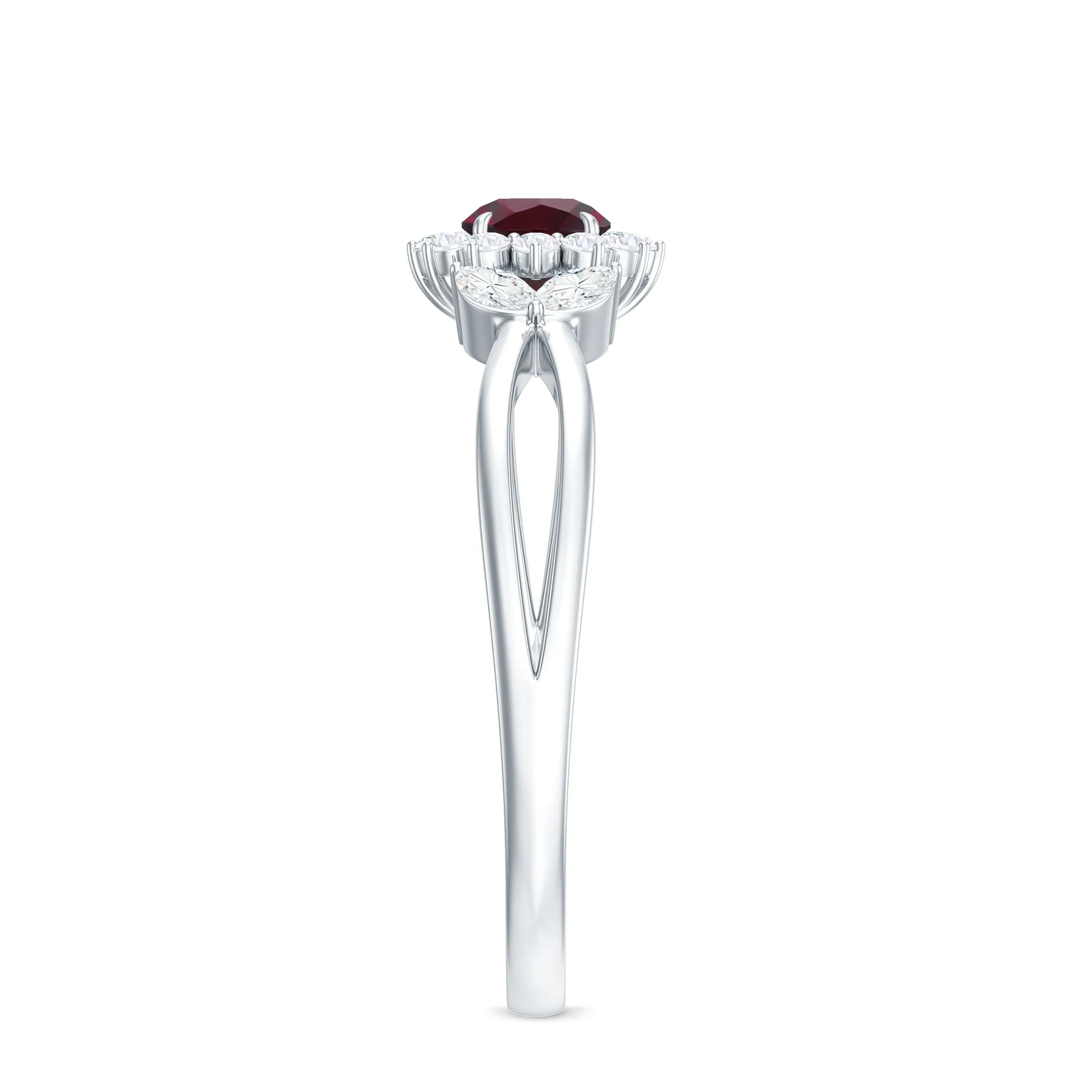 Rhodolite and Diamond Flower Engagement Ring with Split Shank