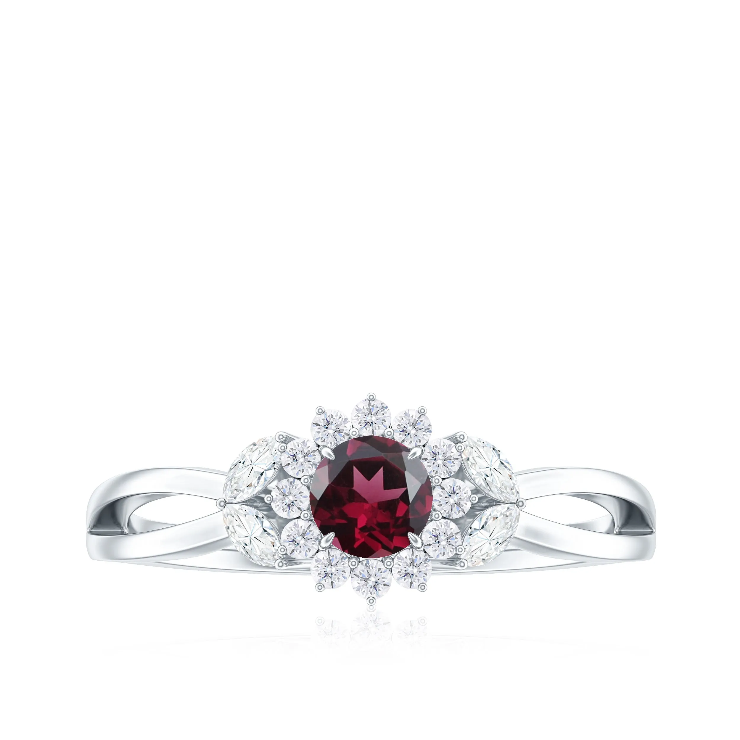 Rhodolite and Diamond Flower Engagement Ring with Split Shank