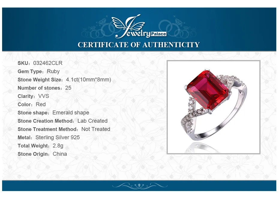 Rings JewelryPalace Emerald Cut 4.6ct Created Red Ruby 925 Sterling Silver Women