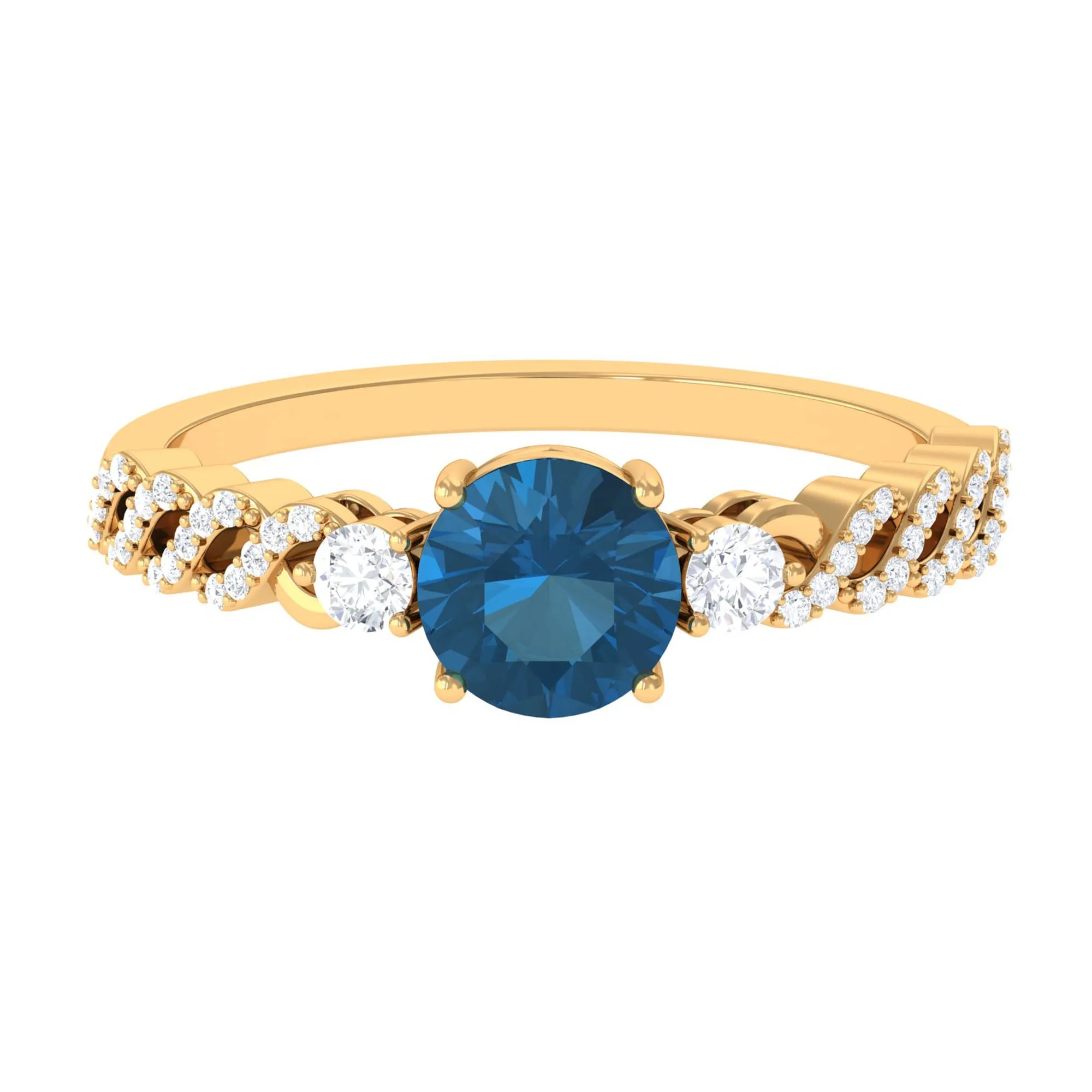 Round Shape London Blue Topaz Designer Engagement Ring with Diamond Side Stones