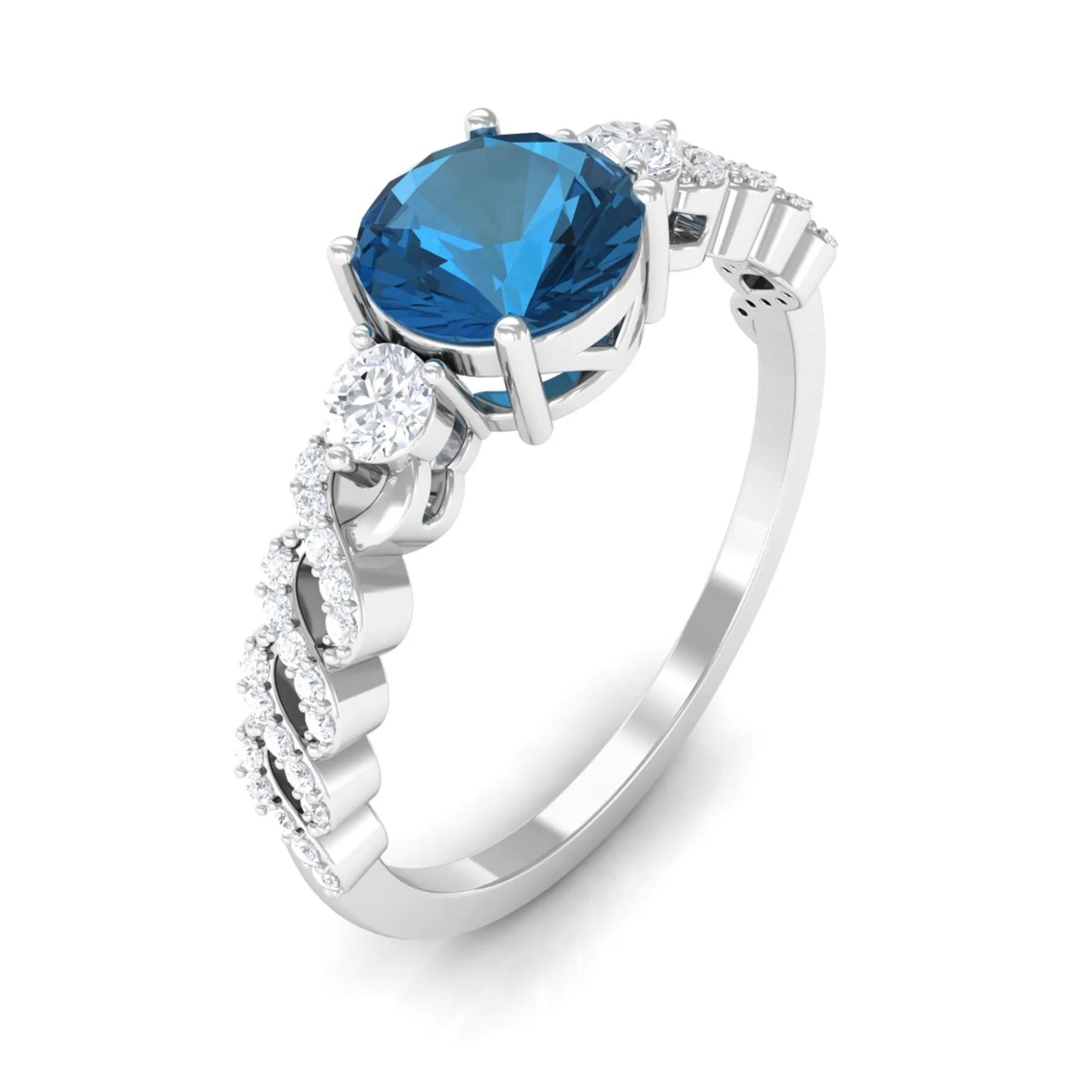 Round Shape London Blue Topaz Designer Engagement Ring with Diamond Side Stones