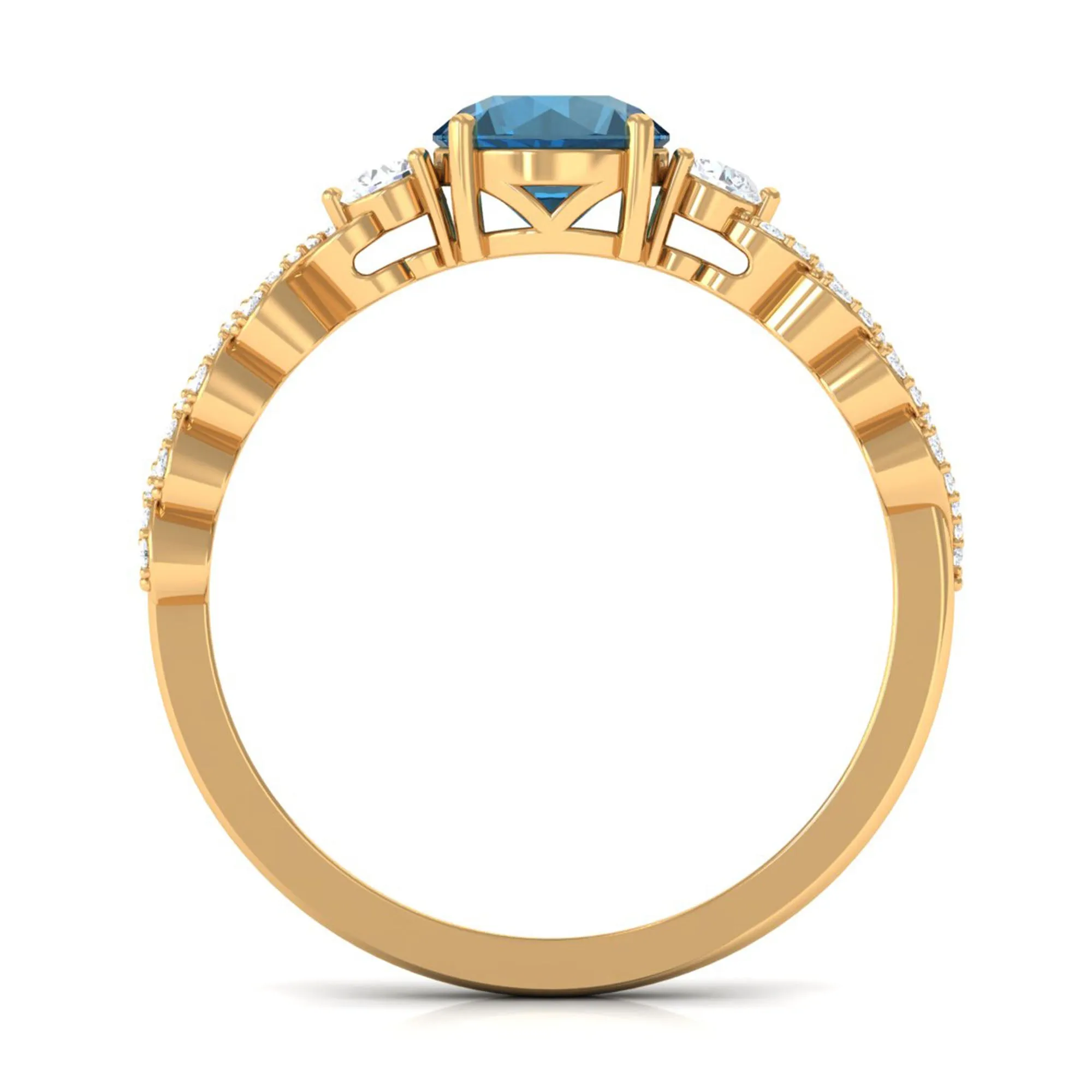 Round Shape London Blue Topaz Designer Engagement Ring with Diamond Side Stones