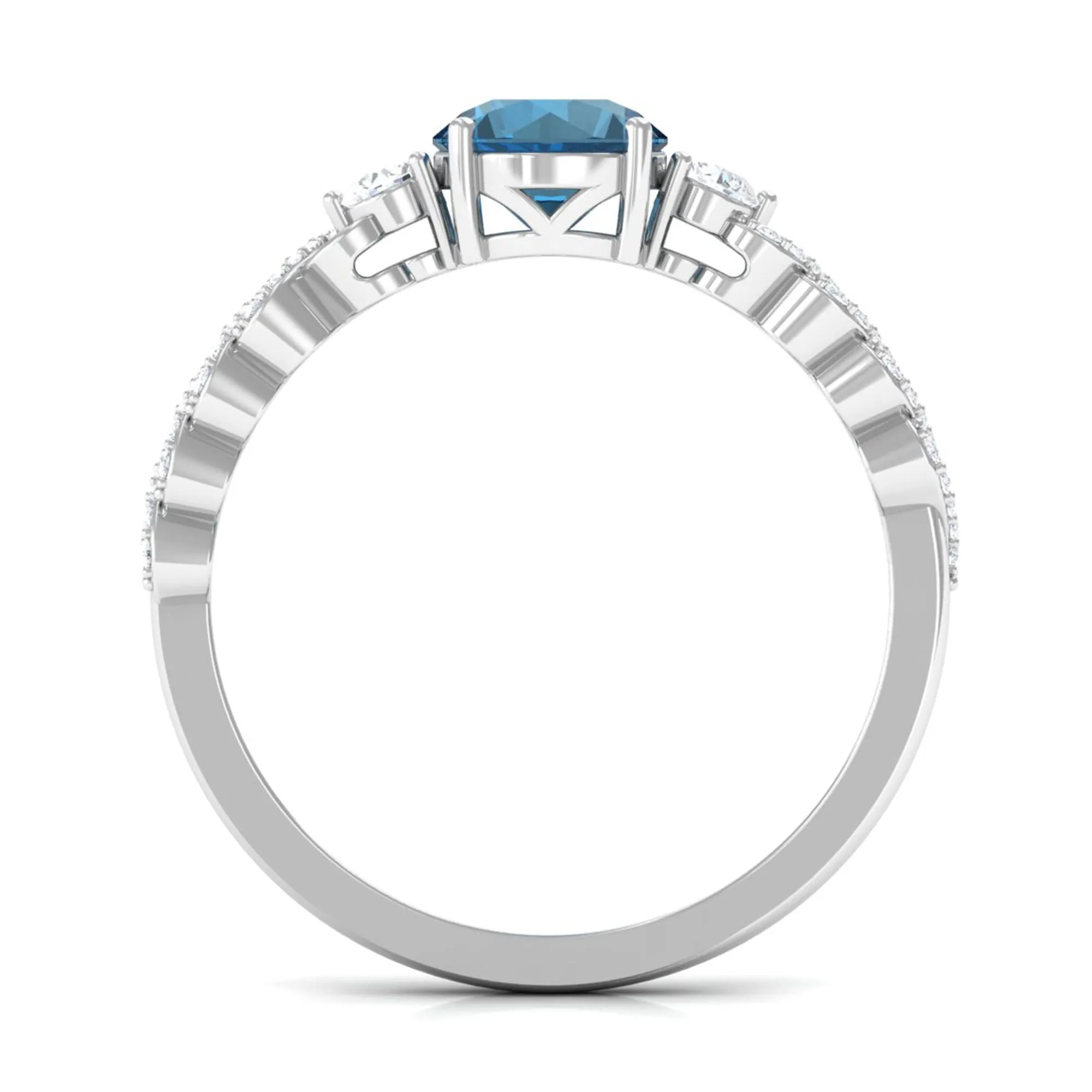 Round Shape London Blue Topaz Designer Engagement Ring with Diamond Side Stones