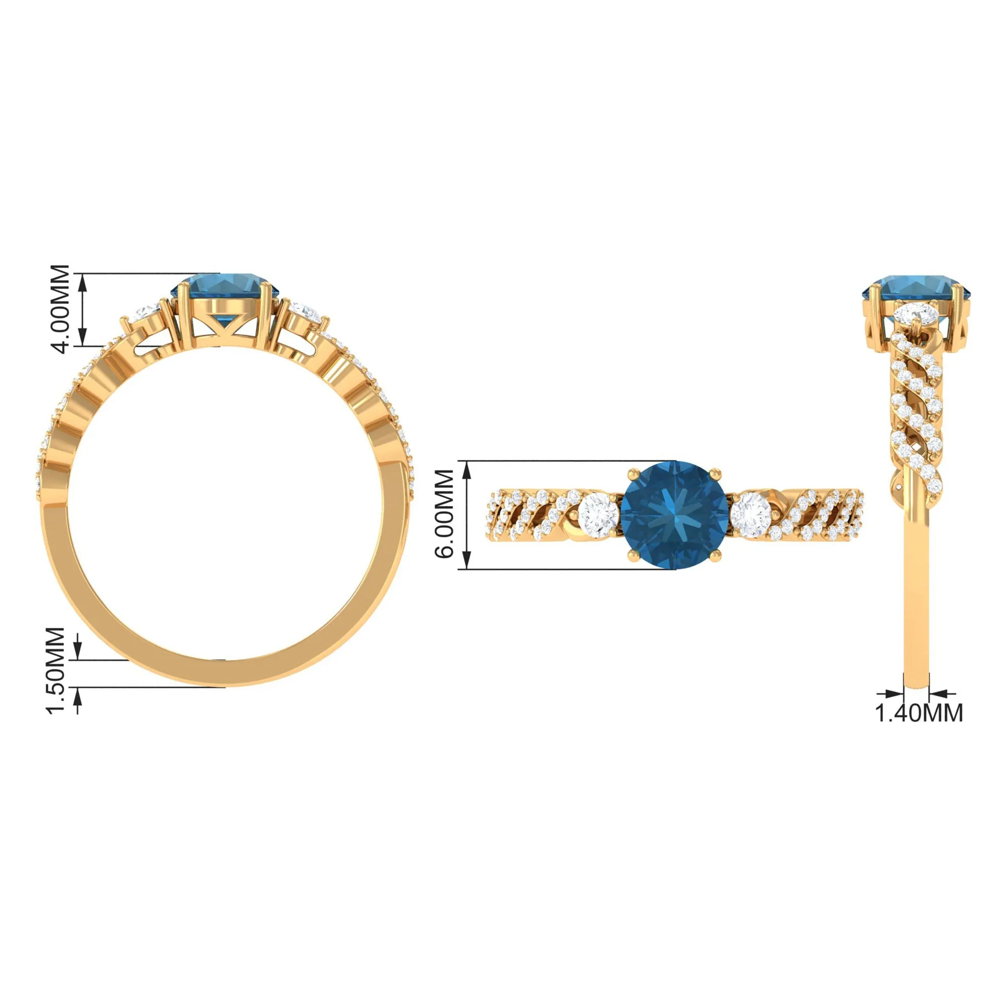 Round Shape London Blue Topaz Designer Engagement Ring with Diamond Side Stones