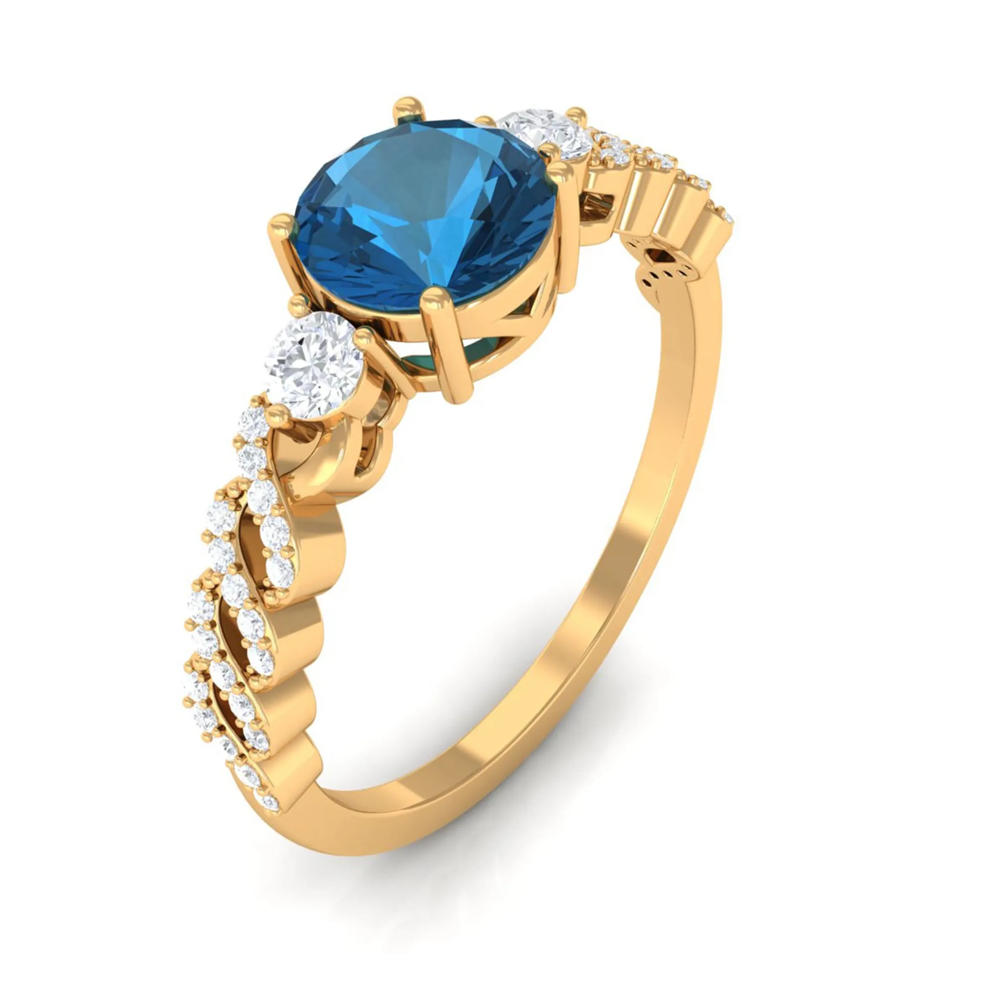 Round Shape London Blue Topaz Designer Engagement Ring with Diamond Side Stones