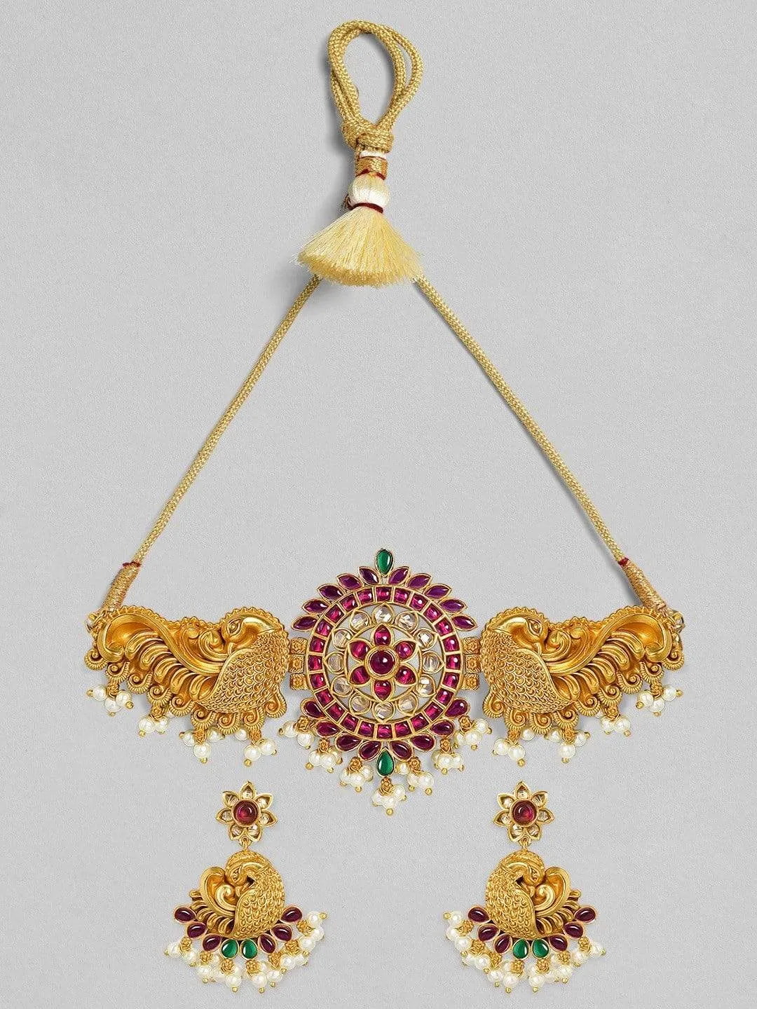 Rubans 24K Gold-Plated Red & White Ruby-Studded & Beaded Handcrafted Jewellery Set
