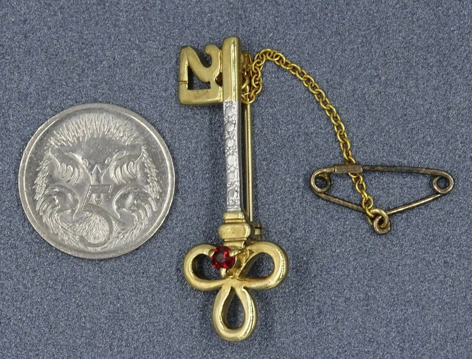 Ruby Yellow Gold Plated & 925 Sterling Silver 21st Key Brooch