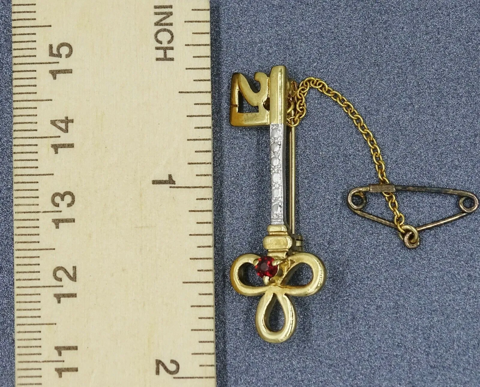 Ruby Yellow Gold Plated & 925 Sterling Silver 21st Key Brooch