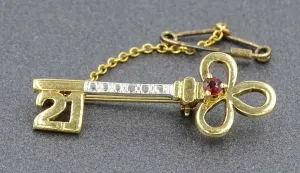 Ruby Yellow Gold Plated & 925 Sterling Silver 21st Key Brooch