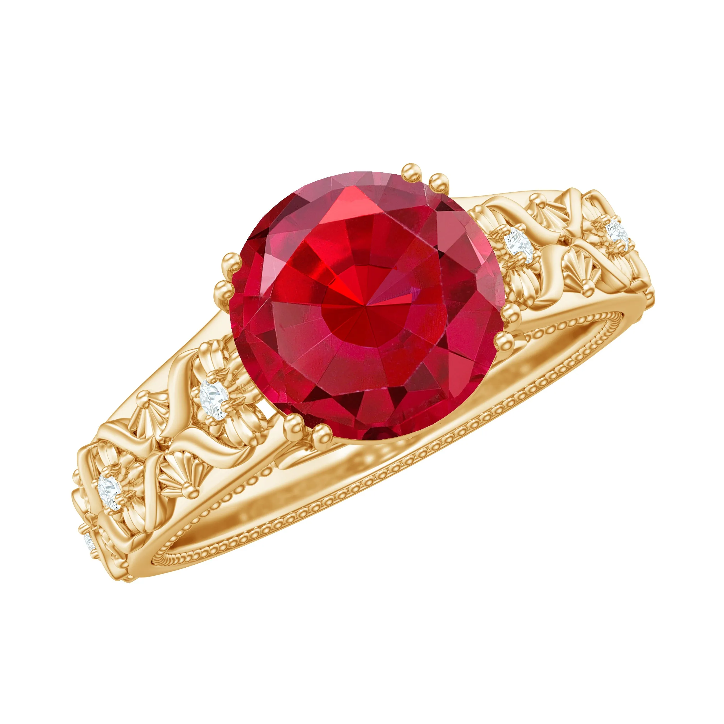 Solitaire Created Ruby Gold Flower Engagement Ring with Moissanite