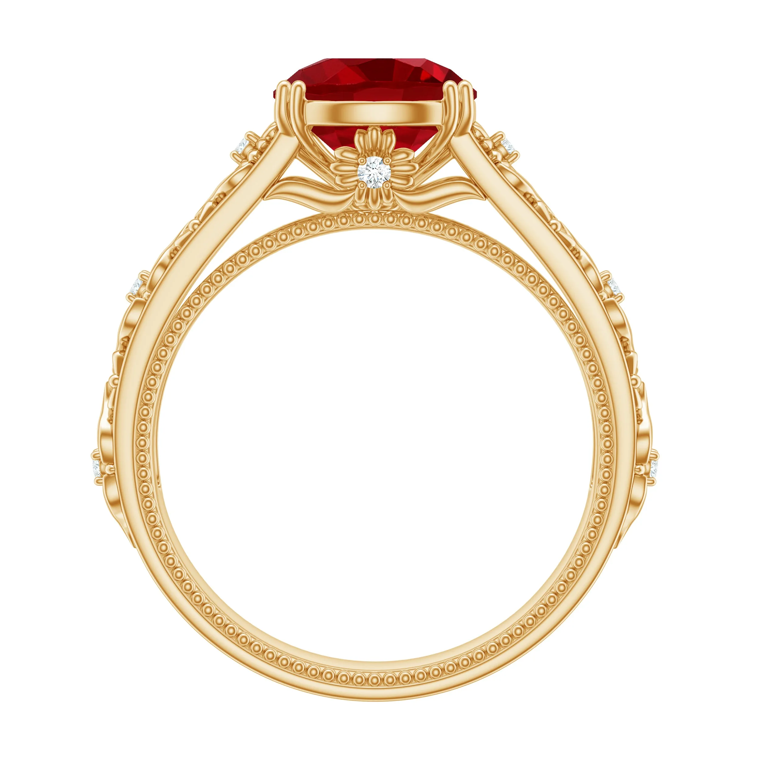Solitaire Created Ruby Gold Flower Engagement Ring with Moissanite