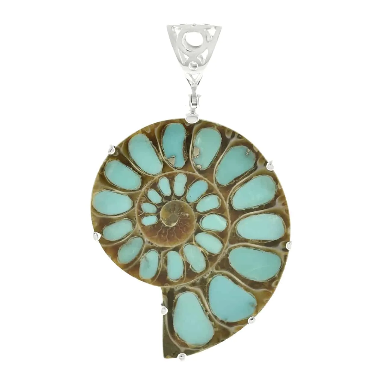 Starborn Ammonite with Turquoise Inlay Pendant in Sterling Silver, Large