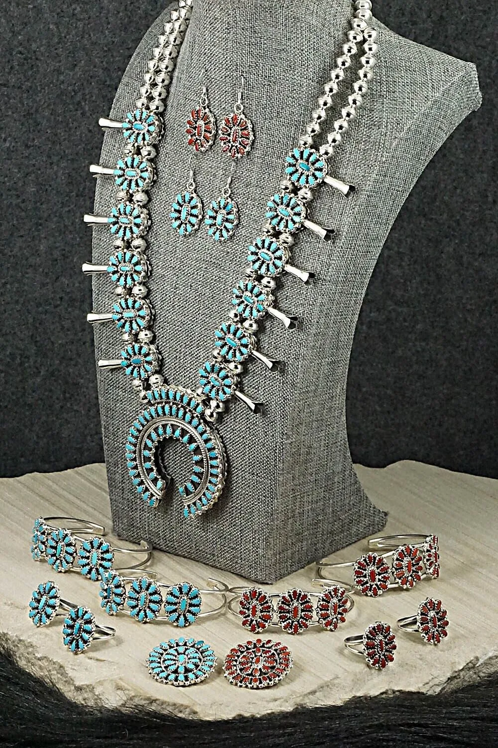 Turquoise, Coral & Sterling Silver Squash Blossom Set - Elton Jones