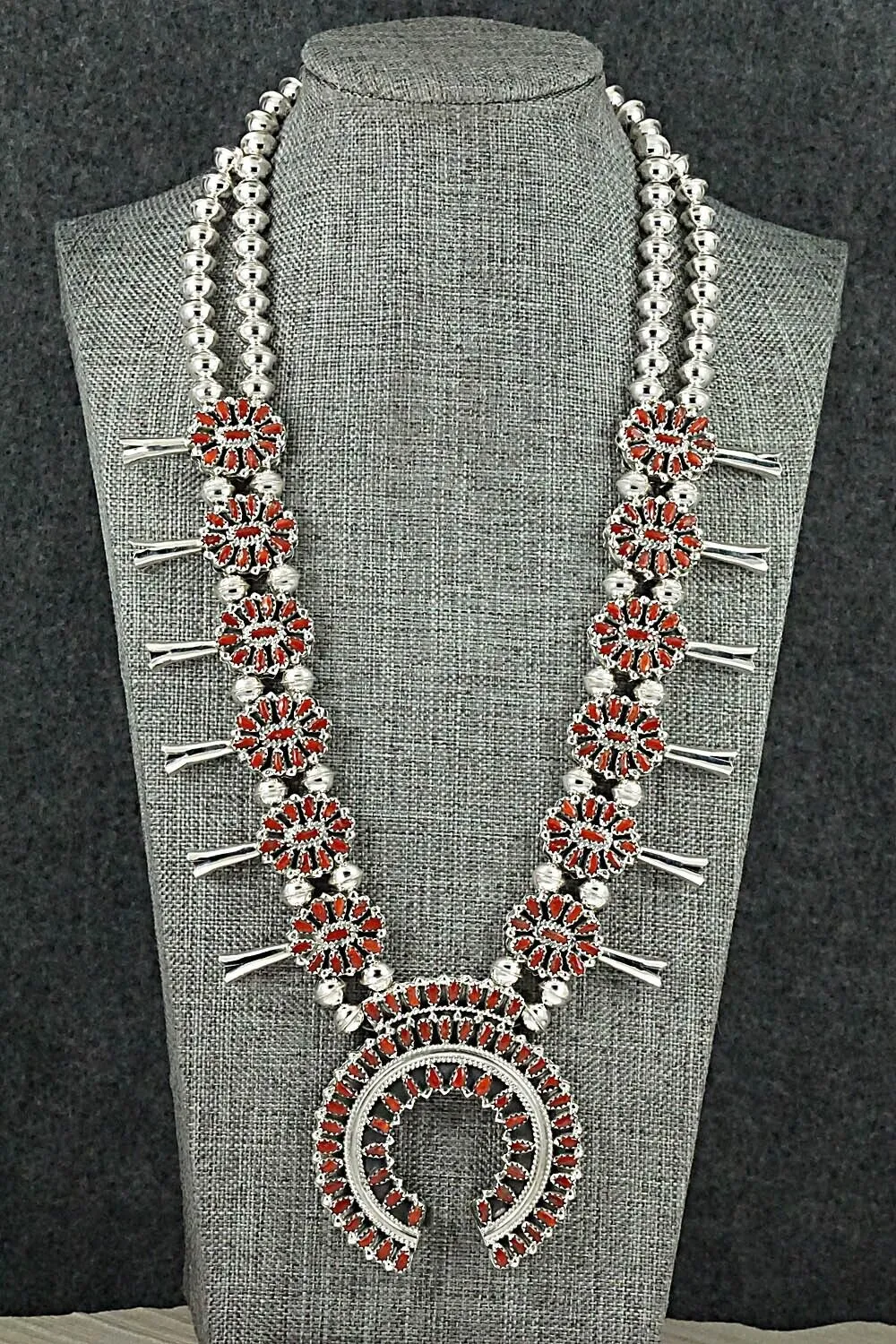 Turquoise, Coral & Sterling Silver Squash Blossom Set - Elton Jones
