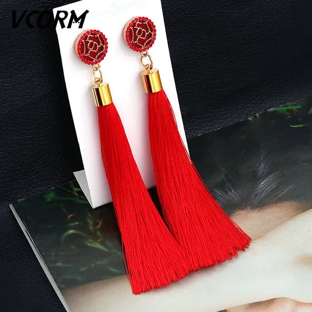 VCORM Bohemian Tassel Crystal Long Drop Earrings for Women Red Cotton Silk Fabric Fringe Earrings 2019 Fashion Woman Jewelry
